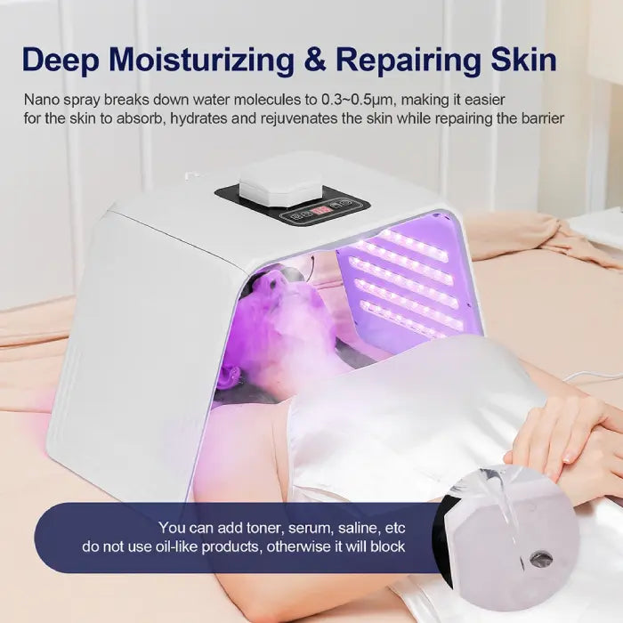 LED light therapy device using purple light and nano spray for deep moisturizing.