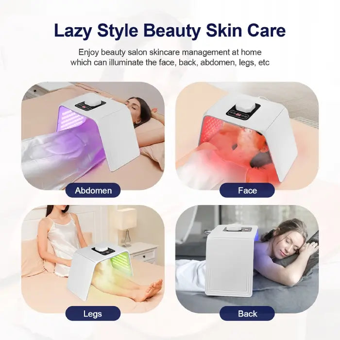 LED light therapy device used on face, abdomen, legs, and back for skincare treatment.