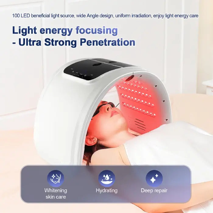 LED light therapy device in red light mode providing deep repair on face.