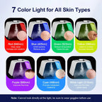 LED light therapy device showing seven color light options for various skin treatments.