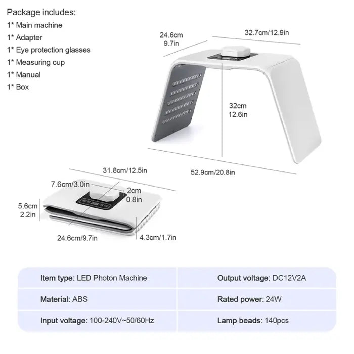 LED light therapy device with full size measurements and package components listed.
