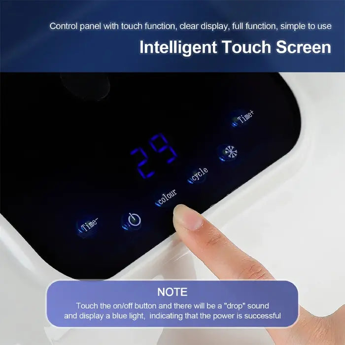 LED light therapy device touch screen panel with finger selecting light settings.