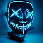 led purge mask in bright blue glow with power pack, great for night-time costume or light-up events.