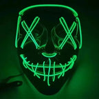led purge mask in neon green with signature stitched smile design for cosplay, festivals, or Halloween.