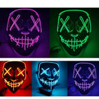 led purge mask in five glowing color styles including purple, green, red, and blue for costume variety.