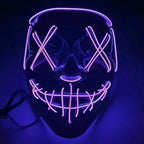 led purge mask in vibrant purple LED lighting shown against a dark background for Halloween or raves.