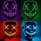 led purge mask in four different vibrant LED colors for Halloween, cosplay, or festival use.