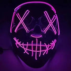 led purge mask in bright purple LED close-up view, ideal for dark costume settings or performances.