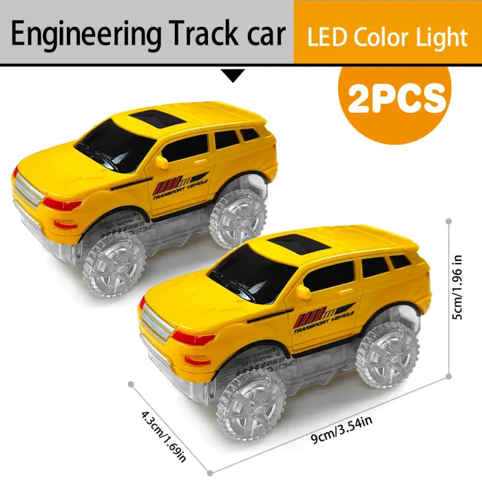 Two yellow LED jeep track cars with dimensions, compatible with engineering track sets.