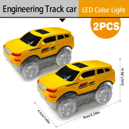 Two yellow LED jeep track cars with dimensions, compatible with engineering track sets.