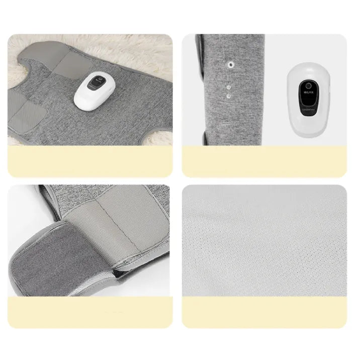  Multi-panel view showing wireless controller, fabric texture and design details of grey air compression leg massager