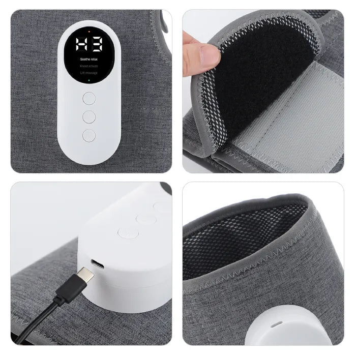 Four panel product showcase of massage device featuring control panel, padding detail, charging port, and fabric construction