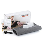 Electric leg massager with heating pad includes instruction manual charging cable and soft grey fabric for home therapy