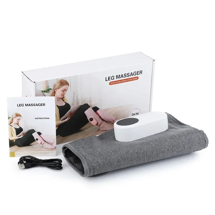 Electric leg massager with heating pad includes instruction manual charging cable and soft grey fabric for home therapy