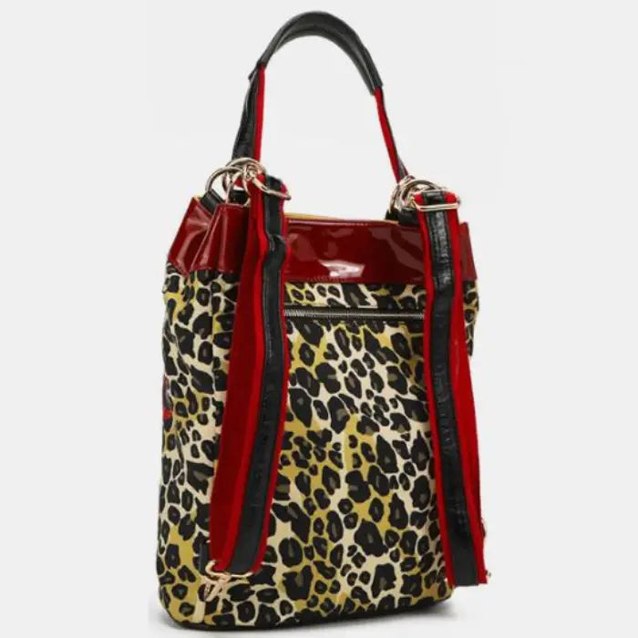 Back view of leopard print bag with red trim and zipper pocket, showcasing chic and functional design.