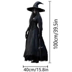 Black witch life size Halloween prop with hat and staff, measured at 100cm tall and 40cm wide.