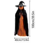 Pumpkin-headed witch Halloween prop shown with height and width dimensions, ideal for indoor decor.