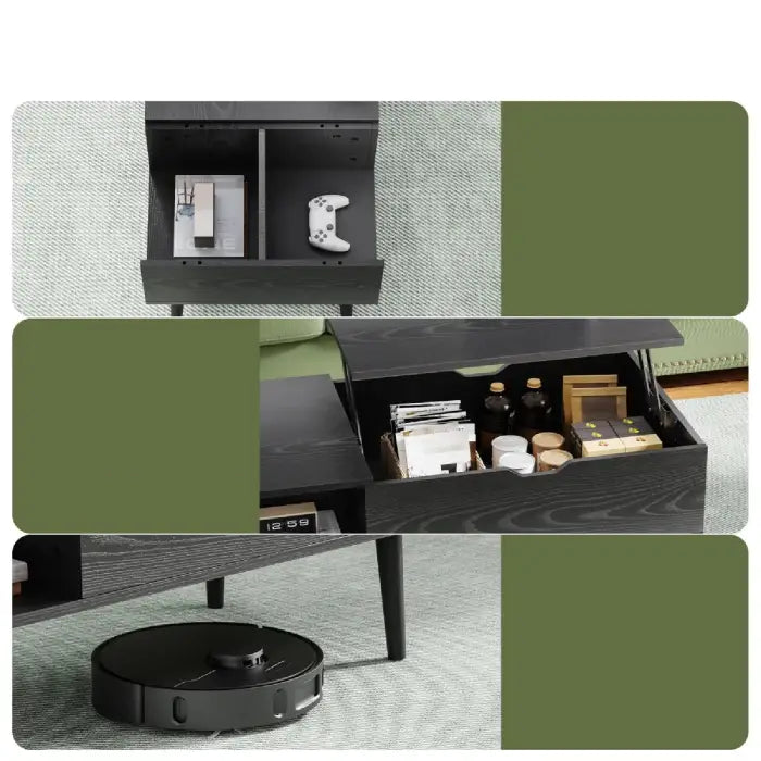 Lift-top coffee table with laptop, highlighting safe groove handle and stable lifting mechanism for effortless tabletop adjustment