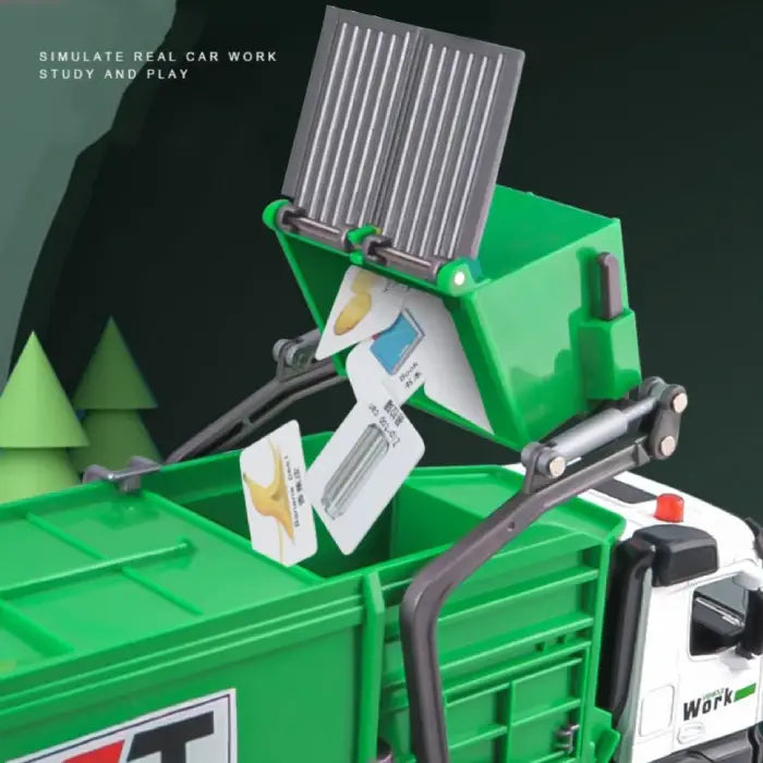 Green garbage truck toy with lifting dumpster and sorting cards for educational play and learning.