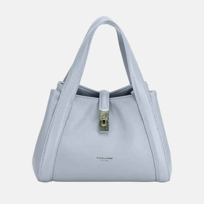 Light blue David Jones handbag with silver clasp, perfect for adding a pop of color to outfits.