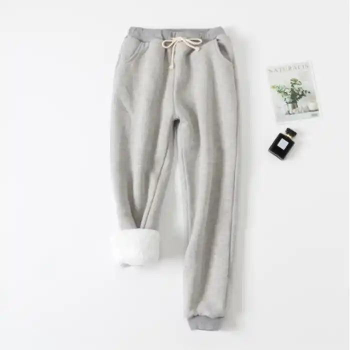 "Light grey fleece jogger women drawstring waist with pockets cozy winter bottom"