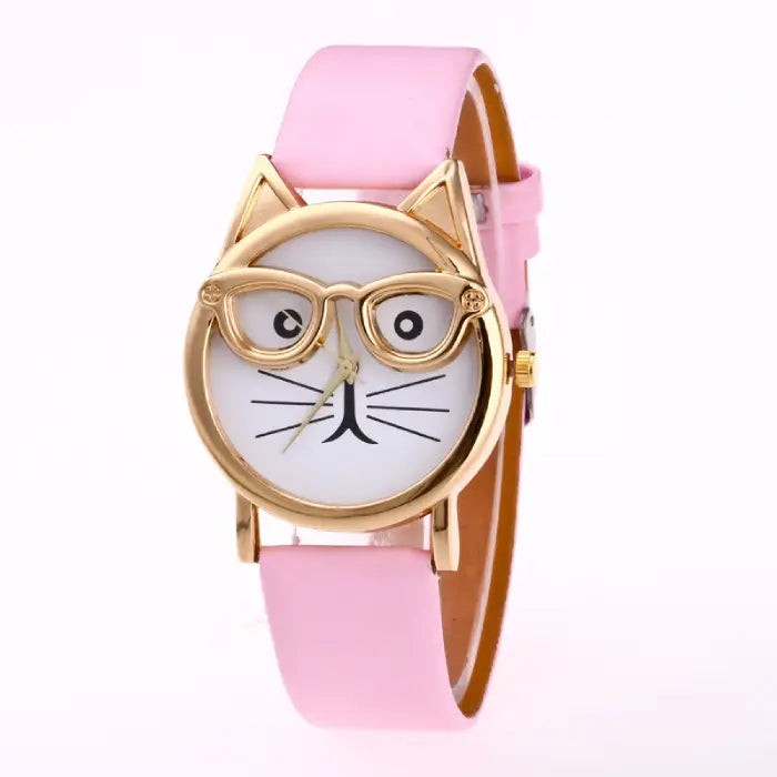 Feminine light pink wristwatch with a cat-ear design, a white dial featuring a cat face, and gold accents.