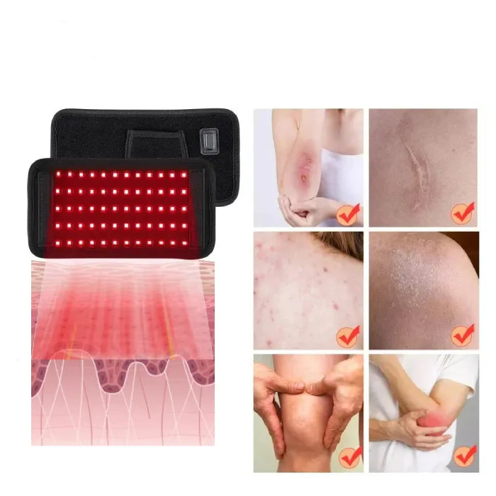 Red light therapy pad with before-and-after images showing improvements in various skin conditions, including scars and cellulite