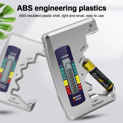 Lightweight battery tester made from ABS plastic, with a colorful power level display and a battery inserted for testing.