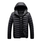  Lightweight quilted puffer jacket with hood in black, full zip closure, horizontal channel quilting, sleek appearance.