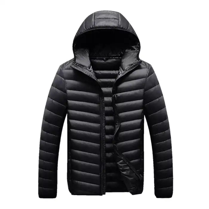  Lightweight quilted puffer jacket with hood in black, full zip closure, horizontal channel quilting, sleek appearance.