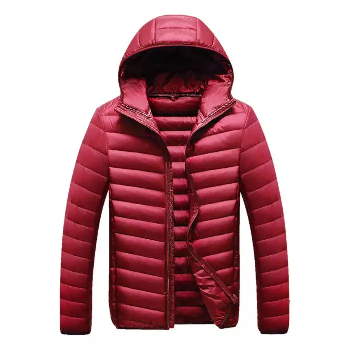  Lightweight quilted puffer jacket with hood in burgundy red, full zip front, horizontal quilted insulation throughout.