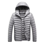 Lightweight quilted puffer jacket with hood in light gray, full zip design, horizontal channel quilting, slim silhouette.