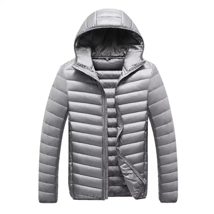 Lightweight quilted puffer jacket with hood in light gray, full zip design, horizontal channel quilting, slim silhouette.