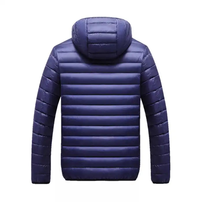  Lightweight quilted puffer jacket with hood in navy blue, back view showing horizontal quilted pattern across shoulders.