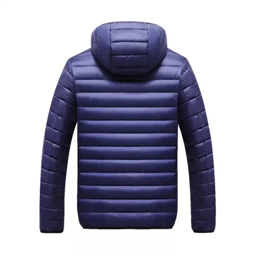  Lightweight quilted puffer jacket with hood in navy blue, back view showing horizontal quilted pattern across shoulders.