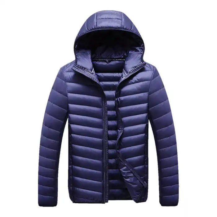  Lightweight quilted puffer jacket with hood in navy blue, full zip front, horizontal channel stitching, slim fit design.