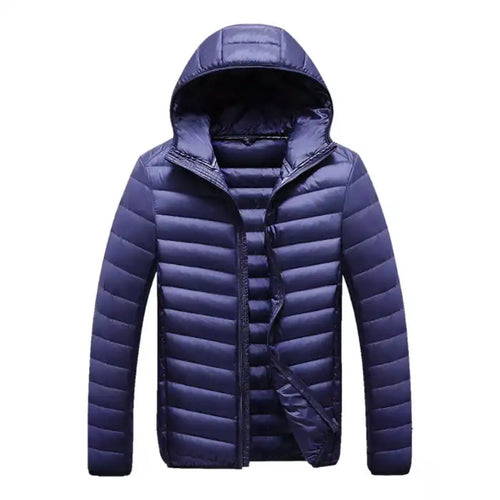  Lightweight quilted puffer jacket with hood in navy blue, full zip front, horizontal channel stitching, slim fit design.