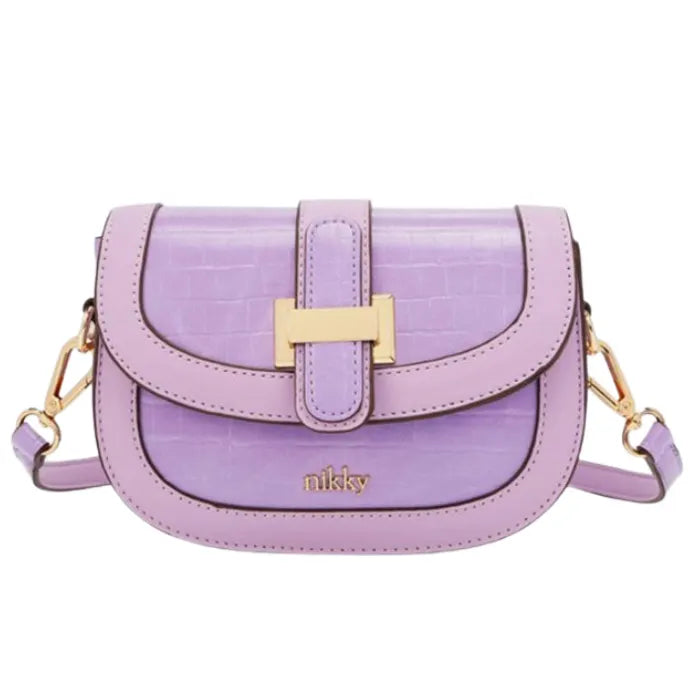 Lilac purple saddle bag with croc texture pattern, gold hardware and matching trim details