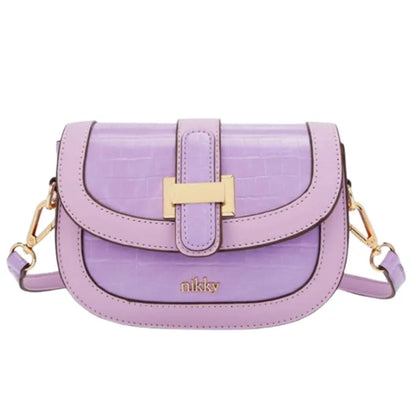 Lilac purple saddle bag with croc texture pattern, gold hardware and matching trim details