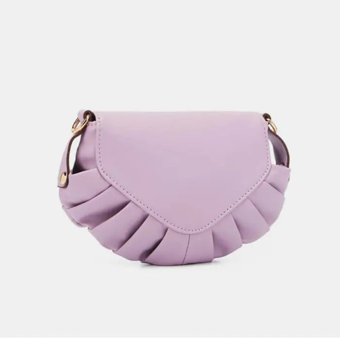  Trendy lilac pleated leather crossbody handbag with gold hardware and feminine ruched detailing for everyday fashion