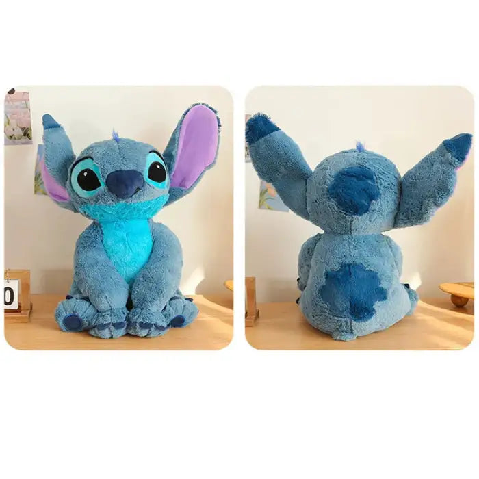 lilo and Stitch plush toy shown from front and back on tabletop with soft natural lighting