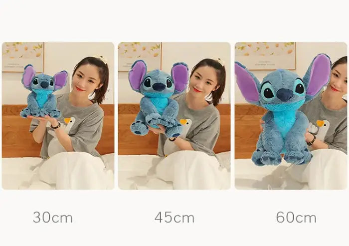 lilo and Stitch plush toys shown in 30cm 45cm and 60cm sizes with woman holding each