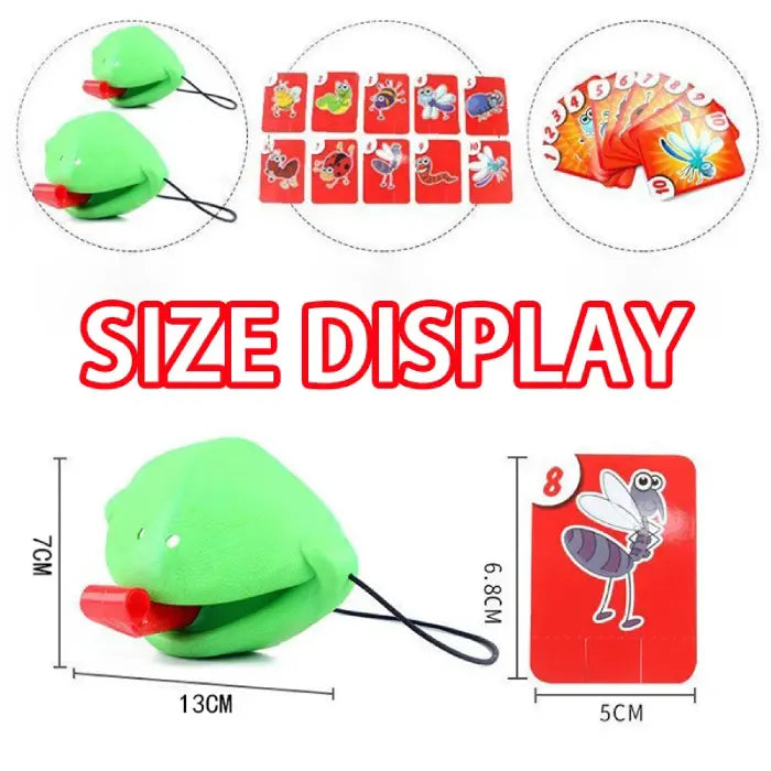 Detailed size specifications showing 13cm lizard catcher and 5cm cards with complete game component measurements