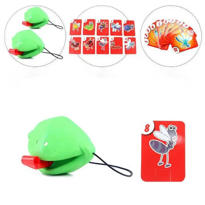 Detailed size specifications showing 13cm lizard catcher and 5cm cards with complete game component measurements