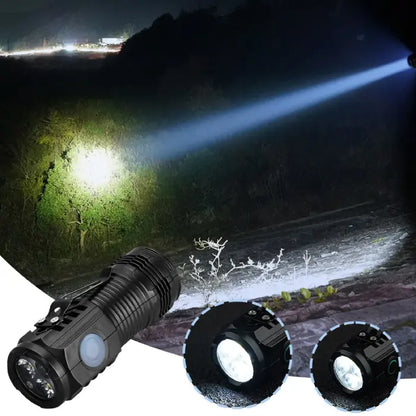 LED flashlight with a diagram showcasing its long battery life and internal components.