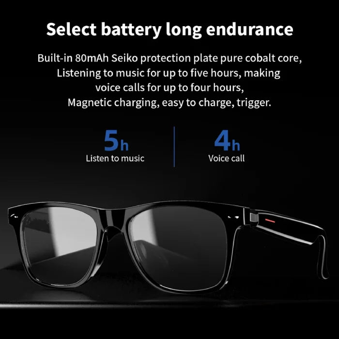 Smart glasses with long battery life for extended music and voice call usage.