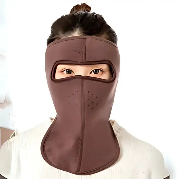 Long brown fleece face mask providing full-face and neck coverage for effective winter protection.