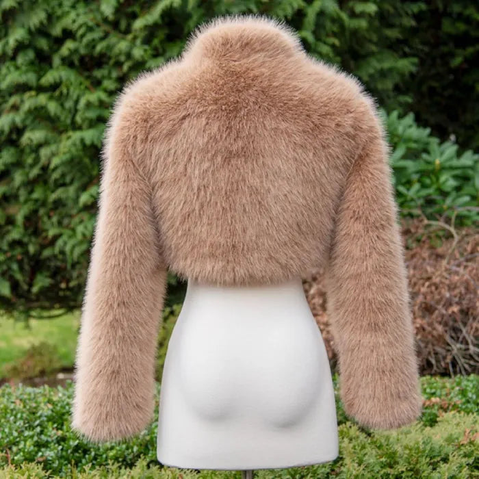 long sleeve faux fur bolero jacket back view in warm tan highlighting plush faux fur texture perfect for stylish winter event outfits