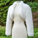 long sleeve faux fur bolero jacket in pure white shown on mannequin with plush texture ideal for bridal cover-ups and elegant ceremonies