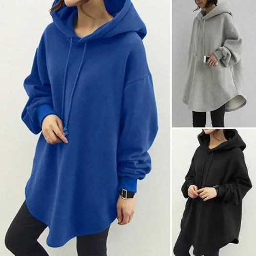 Long Sleeve Hooded Sweatshirt in blue with relaxed fit and drawstring hood worn by woman